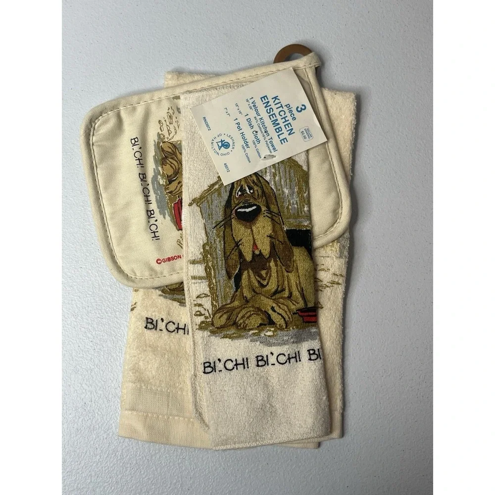 Vtg 3 Piece KITCHEN towel Set Dog Humor B**ch Pot‎ Holder Dish Cloth Gibson MCM